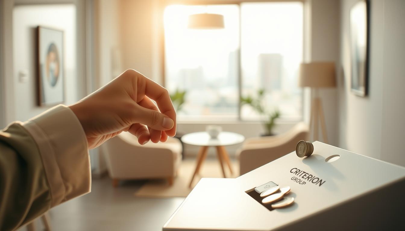 A thoughtful, serene scene of charitable donation. In the foreground, a person's hand gently placing coins into a donation box, the metallic clink echoing softly. The box is adorned with the Criterion Group logo, inviting passersby to contribute. Soft, natural light filters through a window, casting a warm glow over the scene. In the middle ground, a simple, tasteful interior with neutral tones and minimalist decor creates a calming atmosphere. The background features a blurred cityscape, hinting at the broader context of the donation's impact. An overall mood of quiet contemplation, underscoring the importance of responsible, considered charitable giving.