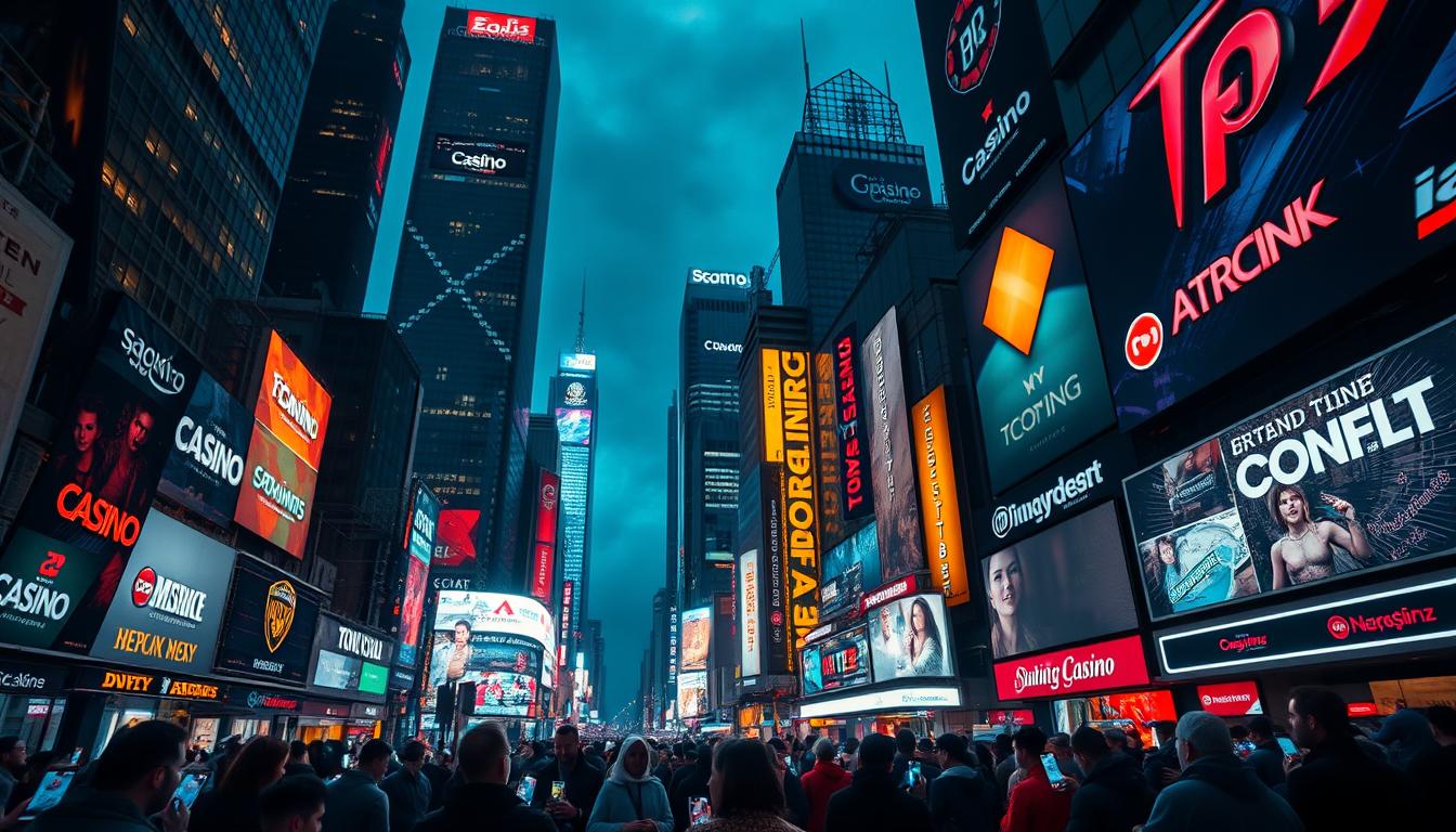 Intense competitive landscape of the online gaming industry. Towering skyscrapers and billboards representing major casino and betting brands, their neon lights illuminating the bustling city at night. In the foreground, a crowd of gamblers and enthusiasts navigating the vibrant, high-stakes environment, their faces lit by the glow of mobile devices. The atmosphere is electric, with a sense of both excitement and tension as these online entertainment providers vie for the attention and loyalty of their customers. Dramatic camera angle, wide lens capturing the scale and dynamism of this fiercely competitive market.