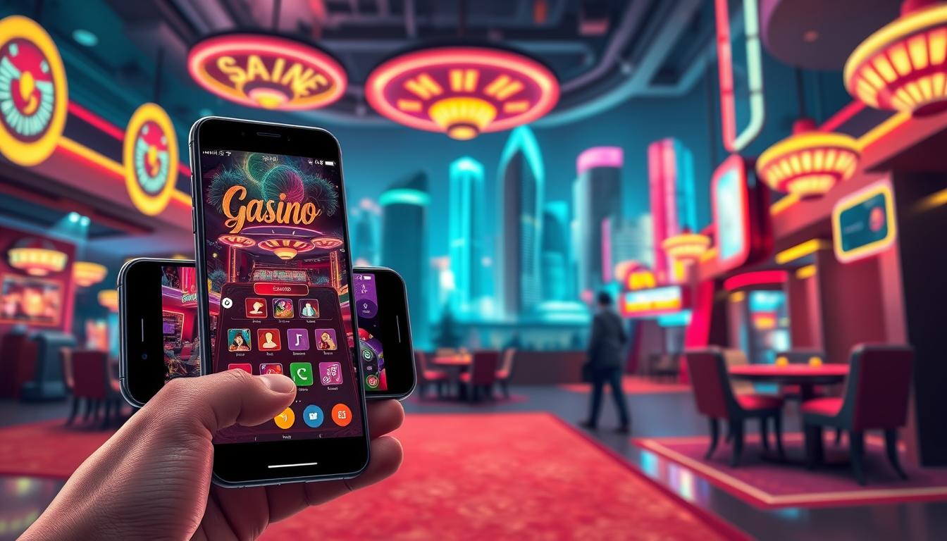 A vibrant casino-themed illustration showcasing the optimal practices for online gambling promotions. In the foreground, a sleek smartphone displays a visually appealing and user-friendly mobile gambling app interface, capturing the attention of potential players. The middle ground features a stylized casino setting with elegant lighting, plush furnishings, and a sense of luxurious ambiance, conveying the high-end experience of online gambling. In the background, a busy cityscape with towering skyscrapers and neon signage sets the scene, emphasizing the urban sophistication and global reach of the online gambling industry. The overall composition and color palette evoke a captivating, dynamic, and aspirational mood, inspiring viewers to explore the thrilling world of online gambling.