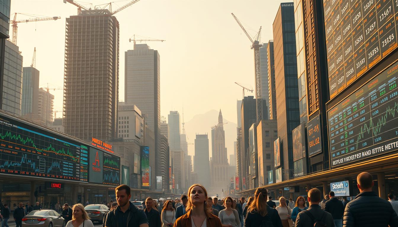 A cityscape of a bustling financial district, with towering skyscrapers and cranes dotting the skyline. In the foreground, a stock market board displays a range of colorful graphs and charts, reflecting the ebb and flow of market trends. The scene is illuminated by a warm, golden light, creating a sense of optimism and growth. The middle ground features pedestrians hurrying to and fro, their faces turned upwards, absorbing the energy of the dynamic urban landscape. In the background, a hazy silhouette of a mountainous range suggests the broader economic and geographic context. The overall atmosphere conveys a sense of anticipation and curiosity about the future market trends.