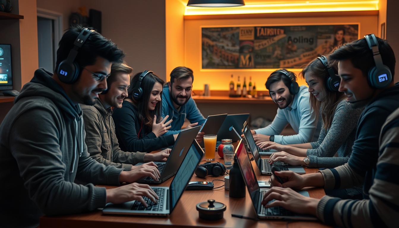 A group of diverse individuals seated around a table, deeply engrossed in online gaming on their laptops and mobile devices. The environment is well-lit, with a warm, inviting atmosphere. Subtle details like gaming peripherals, snacks, and drinks suggest an immersive experience. The players' expressions range from concentration to delight, reflecting their varying levels of engagement and satisfaction. The scene captures the shared camaraderie and sense of community among the players, showcasing the social aspect of their online gaming experience.
