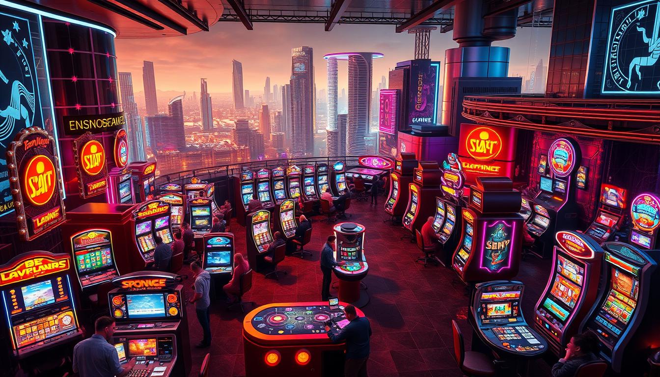 A bustling online casino scene, with a variety of vibrant gaming tables and terminals set against a sleek, futuristic backdrop. Neon-lit interfaces and holographic displays create an immersive, high-tech atmosphere. In the foreground, players engage in various games of chance, their faces illuminated by the glow of screens. The middle ground features a diverse array of gaming options, from classic slot machines to interactive virtual reality experiences. In the background, a cityscape of skyscrapers and digital infrastructure sets the stage for this thriving digital entertainment hub. Warm, inviting lighting and dynamic camera angles capture the excitement and energy of the online casino experience.