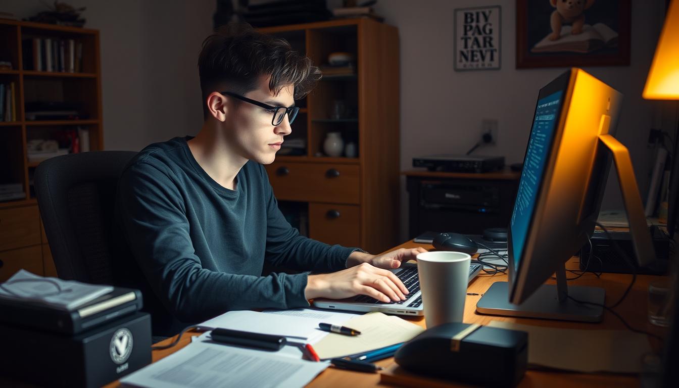 A well-lit scene of a young man, likely in his mid-20s, sitting at a computer desk, intently focused on his laptop screen. The desk is cluttered with various electronic devices, documents, and a cup of coffee, suggesting he is deeply engaged in an online transaction or activity. The room is modestly furnished, with a bookshelf or cabinet visible in the background, hinting at the character's interests or lifestyle. The lighting is warm and natural, casting a soft, inviting glow on the scene, conveying a sense of concentration and purpose. The overall atmosphere is one of a dedicated gamer or tech-savvy individual, immersed in their online experience.