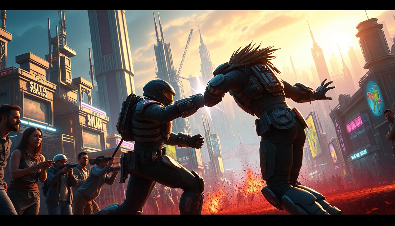 A dynamic online battle arena, players clash in vibrant landscapes filled with futuristic structures. In the foreground, two combatants engage in a fierce melee, their high-tech armor gleaming under dramatic lighting. The middle ground features spectators watching intently, their expressions of excitement and anticipation captured in cinematic close-ups. The background depicts an expansive cyberpunk cityscape, towering skyscrapers and neon-lit streets creating a sense of scale and immersion. The entire scene is imbued with a palpable energy, conveying the thrill and intensity of this competitive virtual battleground.