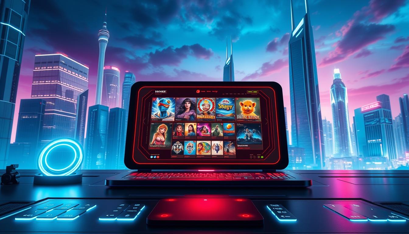 A high-tech, sleek interface showcasing the key features of a premium online gaming platform. In the foreground, a series of interactive icons and buttons highlighted by a cool, neon-tinged lighting scheme. The middle ground features a dynamic, holographic display showcasing the platform's diverse game offerings, rendered in vibrant 3D. In the background, a futuristic cityscape sets the scene, with gleaming skyscrapers and a vivid, gradient sky evoking a sense of modernity and innovation. The overall composition conveys a professional, cutting-edge aesthetic suitable for a premier online gaming experience.