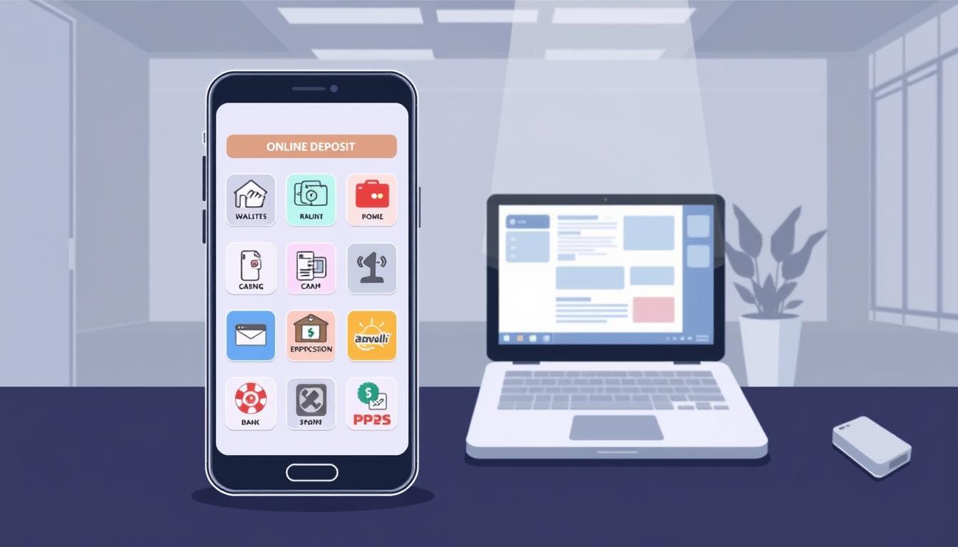 A digital illustration depicting the convenience of online casino deposit methods. In the foreground, a smartphone screen showcases various payment options like e-wallets, bank transfers, and mobile payments. The middle ground features a laptop computer, representing the ease of accessing casino websites and making deposits from anywhere. The background depicts a serene, minimalist office setting, with clean lines and muted colors to convey a sense of efficiency and reliability. The overall composition emphasizes the streamlined, hassle-free nature of online casino deposits, appealing to the modern, tech-savvy casino player.