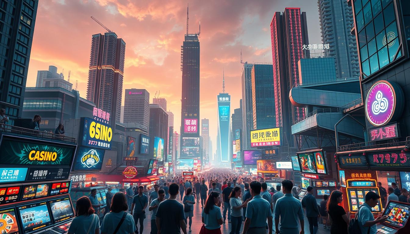 A bustling cityscape, with towering skyscrapers and neon lights illuminating the skyline. In the foreground, people engage in lively activities at various online entertainment establishments, from virtual casinos to interactive gaming platforms. The scene is bathed in a warm, inviting glow, reflecting the growth and evolution of the online entertainment industry. The background is a blend of modern architecture and traditional elements, showcasing the integration of technology and culture. This dynamic composition captures the vibrant and ever-expanding world of online entertainment, setting the stage for the exploration of its development and the appeal it holds for Taiwanese players.
