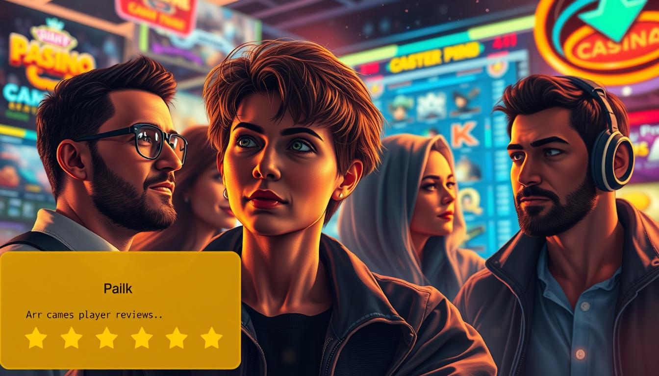 A vibrant collage showcasing genuine player reviews of online casino games, set against a backdrop of a sleek, modern gaming interface. The foreground features detailed character portraits of diverse players sharing their candid experiences, expressions ranging from excitement to contemplation. The middle ground presents a dynamic arrangement of game screenshots, interface elements, and rating icons, all bathed in a warm, inviting lighting scheme. The background subtly blends shimmering casino motifs, creating a sense of immersion and authenticity. The overall composition conveys the weight and significance of player feedback in shaping the thrilling world of online entertainment.