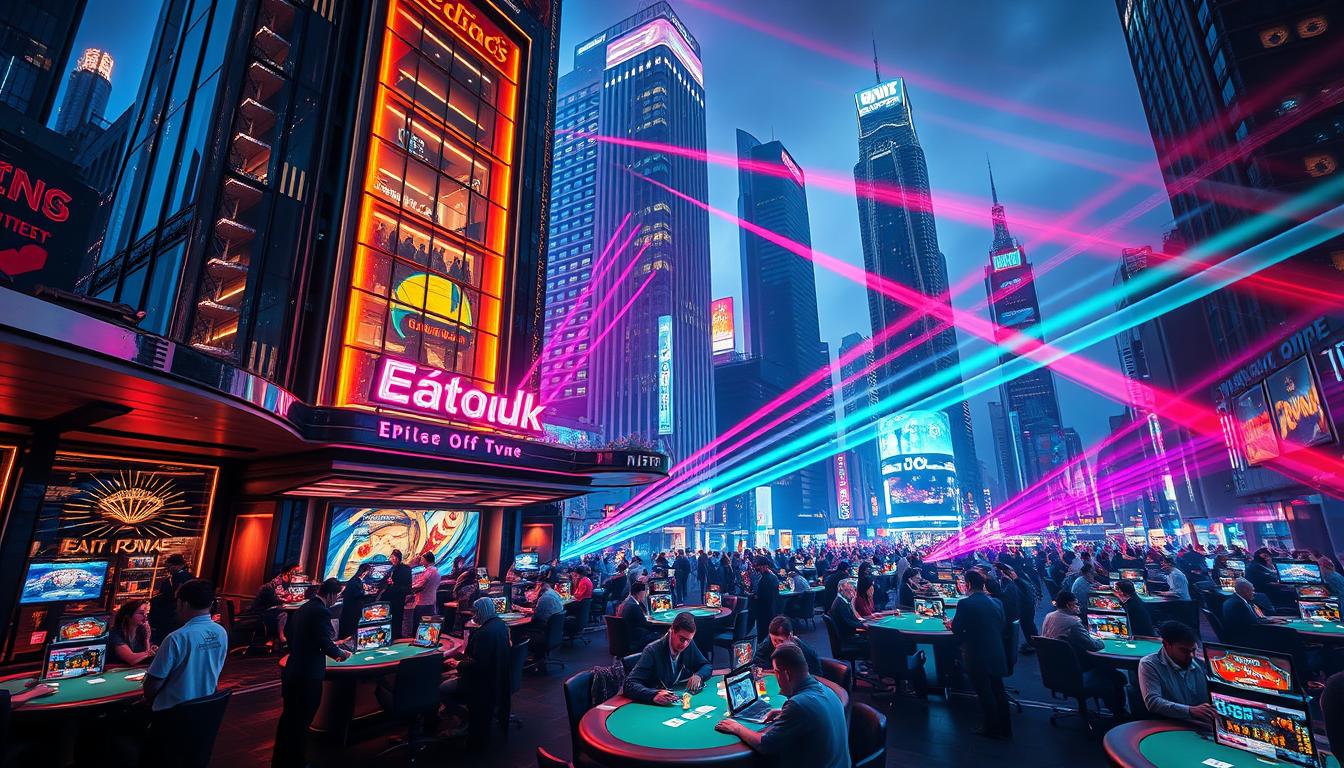 A bustling online poker entertainment hub, its neon-lit facade rising against a cityscape of towering skyscrapers. Sleek glass and steel structures radiate an air of modern sophistication, while the interior exudes an atmosphere of excitement and anticipation. Patrons gather around tables, their faces illuminated by the glow of digital screens as they engage in high-stakes poker matches, the thrill of victory and the agony of defeat palpable in the air. Beams of colorful light sweep across the scene, creating a dynamic, immersive environment that captures the essence of the rise of this vibrant online gaming destination.