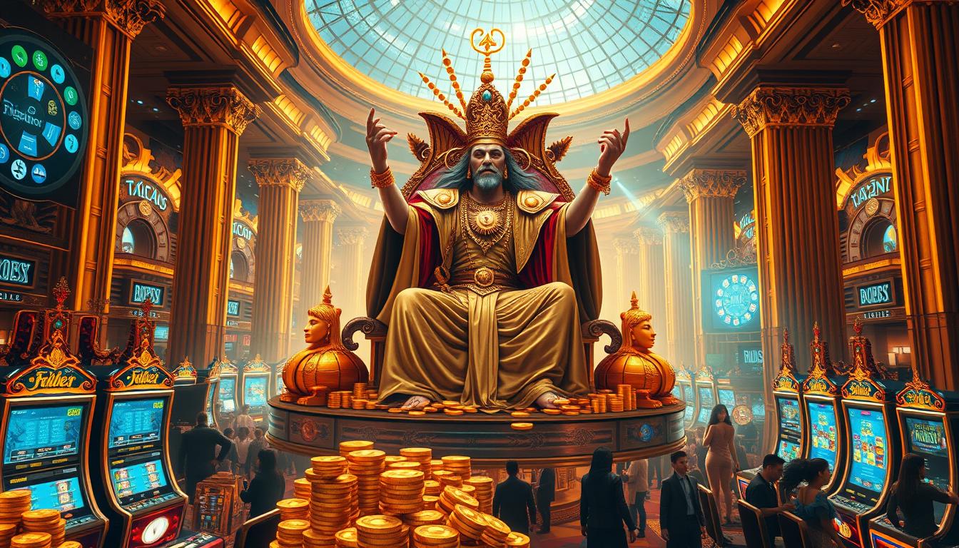 A striking image of a triumphant financial deity enthroned in the center, surrounded by a lavish casino scene. The deity radiates divine energy, draped in ornate robes and adorned with intricate gold jewelry. Immense wealth is conveyed through towering stacks of coins, glittering gems, and ornate slot machines that fill the foreground. The middle ground features a panoramic view of the bustling casino floor, with crowds of excited patrons engaged in various games of chance. The background showcases the grand, opulent architecture of the casino, with towering glass domes and gilded columns that create an atmosphere of luxury and success. Warm, golden lighting casts a celebratory glow over the entire scene, reflecting the triumphant spirit of the financial deity and the casino's prosperity.