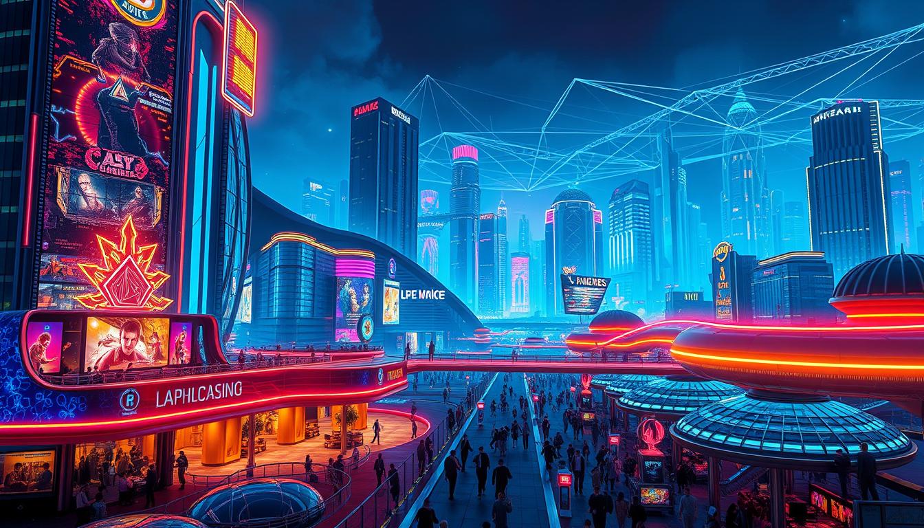 A futuristic cityscape of a thriving online gaming metropolis, bathed in a neon glow. In the foreground, a sleek, high-rise casino complex with shimmering glass facades and vibrant holographic displays, showcasing the latest virtual reality gaming experiences. The middle ground features a bustling promenade lined with energy-efficient transport capsules and crowds of enthusiastic players. In the background, a skyline of towering skyscrapers and domed entertainment hubs, connected by a web of gleaming data cables and pulsing with the energy of a rapidly evolving digital ecosystem. The scene is illuminated by a warm, diffused lighting that casts a dreamlike ambiance, capturing the sense of boundless potential and innovation driving the growth of the online gaming industry.