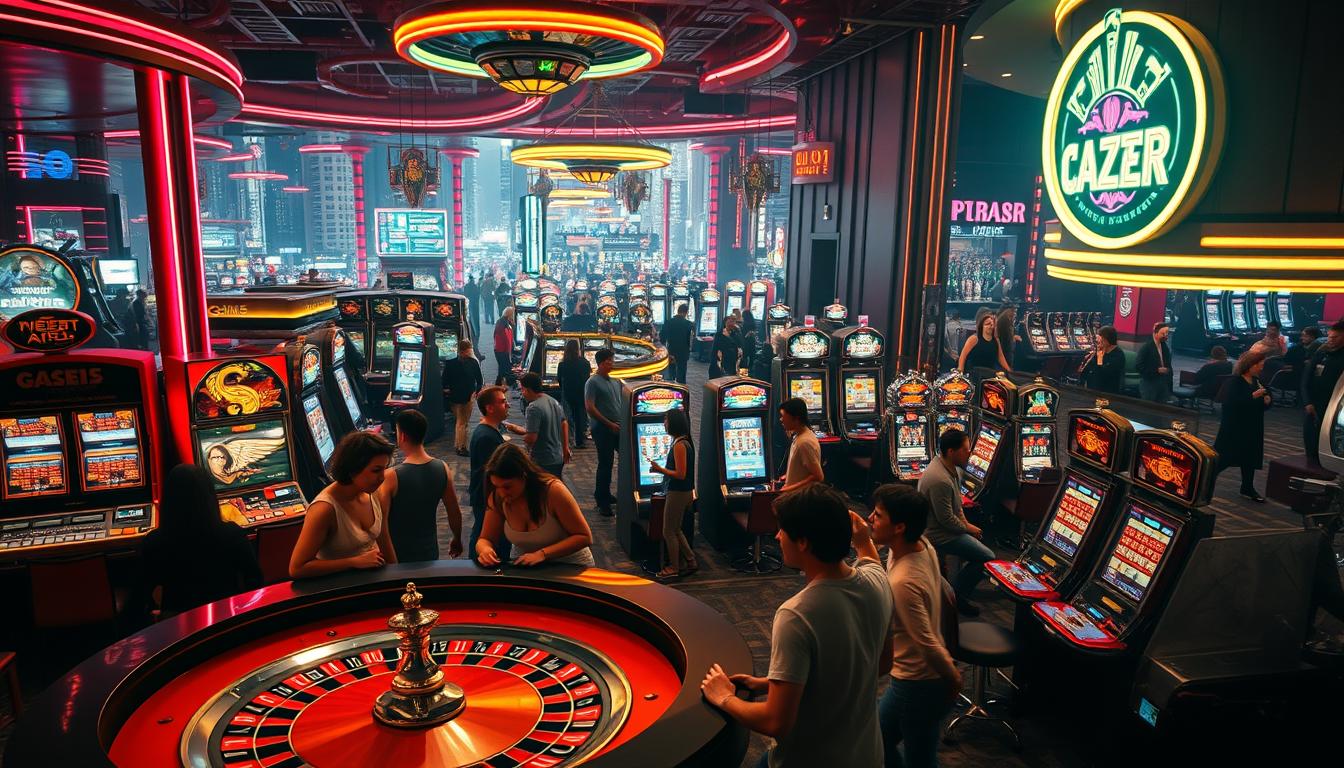 A vibrant casino scene with a red and gold color scheme, set against a backdrop of neon lights and a busy city skyline. In the foreground, a group of people gathered around a roulette table, engaged in intense gameplay, their expressions a mix of concentration and anticipation. The middle ground features a variety of slot machines, their screens flashing with enticing patterns and symbols, luring players to try their luck. The background showcases the bustling atmosphere of the casino, with people moving between gaming tables and bars, creating a sense of energy and excitement. The lighting is dramatic, with a mix of warm and cool tones, casting shadows and highlights that accentuate the dynamic nature of the scene. The overall composition conveys the thrill and allure of the gambling experience.