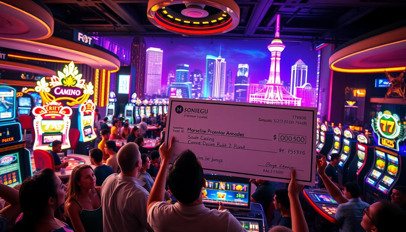 A lively casino-themed scene with a focus on the lucrative promotions and bonuses offered by online gaming platforms. In the foreground, a group of excited players admire a giant check representing a massive jackpot win, their expressions brimming with anticipation. The middle ground showcases an array of glittering gaming tables and slot machines, surrounded by energetic crowds. In the background, a vibrant neon-lit skyline sets the mood, evoking the thrill and glamour of the online entertainment world. The image is captured with a wide-angle lens, emphasizing the scale and grandeur of the scene, and lit by a combination of warm, inviting lights and dramatic shadows to heighten the sense of drama and celebration.