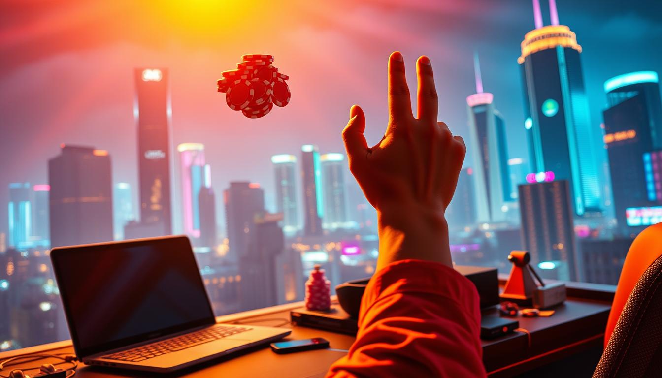 A vibrant and dynamic scene of a triumphant online casino player, bathed in a warm, golden light. In the foreground, a hand raises a stack of casino chips, symbolizing the player's hard-earned winnings. The middle ground features a sleek, modern gaming setup, with a laptop, mobile device, and other gaming accessories, reflecting the player's technological savvy. In the background, a cityscape with towering skyscrapers and neon lights suggests the bustling urban landscape of a thriving online gambling hub. The overall mood is one of excitement, success, and the thrill of the gaming experience.