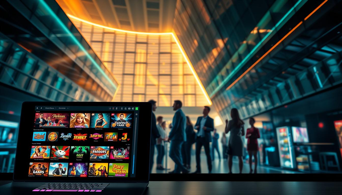 A professional-looking online casino platform set against a backdrop of sleek, modern architecture. In the foreground, a well-designed user interface showcases various game options, with vibrant graphics and intuitive controls. The middle ground features a group of well-dressed individuals engaged in animated discussions, conveying a sense of excitement and social interaction. The background is illuminated by a soft, warm lighting that creates a welcoming, high-end atmosphere. The entire scene exudes a sense of sophistication, trustworthiness, and attention to detail, inviting the viewer to explore the platform and discover the best online gambling experience.