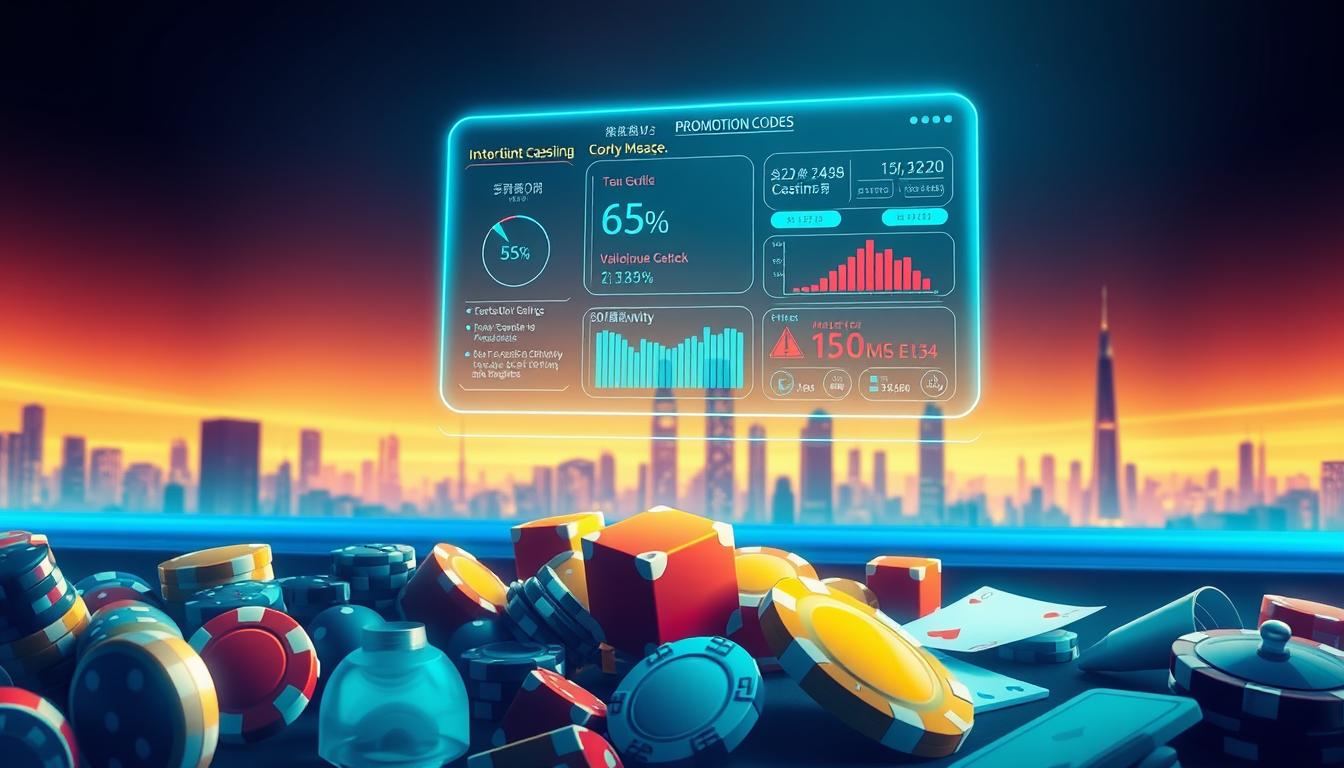A detailed analysis of online casino promotion codes, showcasing their advantages and drawbacks. In the foreground, a vivid illustration of various casino chips, dice, and cards, symbolizing the thrilling world of digital entertainment. The middle ground features a floating holographic interface, displaying key metrics and data visualizations related to the promotion codes. In the background, a clean, minimalist cityscape sets the scene, with a soft, warm lighting that evokes a sense of sophistication and modernity. The overall composition conveys a balanced and thoughtful examination of the topic, suitable for inclusion in an article on Taiwan's online casino gaming landscape.