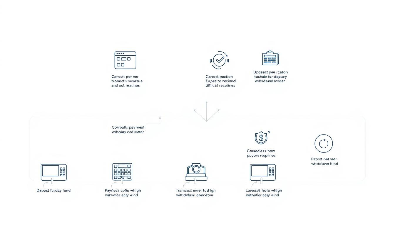 A detailed illustration of an online casino's deposit and withdrawal process. A clean, minimalist design showcasing the key steps in a smooth, user-friendly workflow. Set against a neutral, uniform background, the foreground features clean icons and simple graphics depicting the various payment options, security measures, and transaction details. The middle ground highlights the seamless flow of funds, with smooth transitions between deposit, play, and withdrawal. The overall mood is one of efficiency, reliability, and trust, reflecting the casino's commitment to a transparent and secure financial experience for its players.