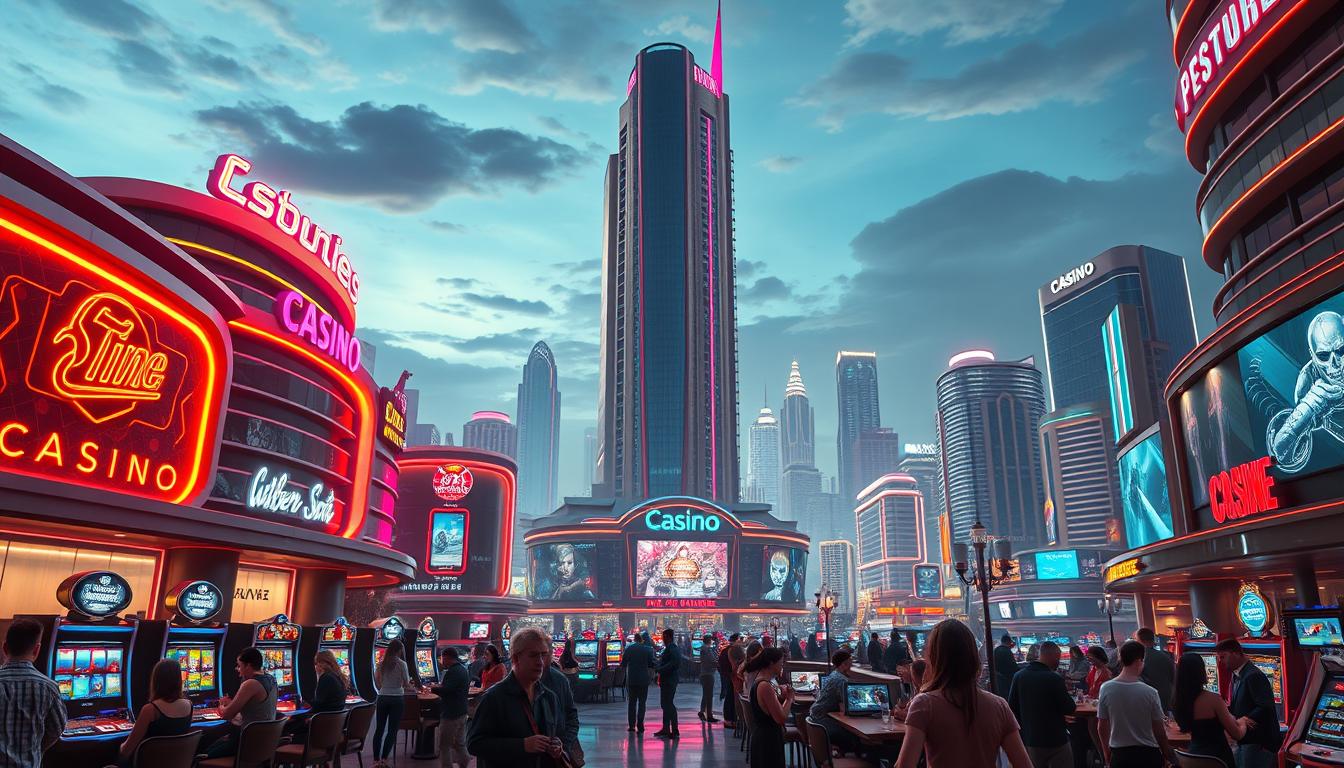 A serene, modern-style entertainment city, with sleek, well-designed buildings, and vibrant neon signs against a night sky. The foreground features a group of people enjoying various activities like playing slots, table games, and dining at high-end restaurants. The middle ground showcases the city's impressive architecture, with a towering, futuristic-looking casino as the focal point. The background is filled with a skyline of skyscrapers and a glowing, colorful cityscape, creating a sense of energy and excitement. Soft, warm lighting illuminates the scene, and the entire composition conveys an atmosphere of sophistication, luxury, and entertainment.
