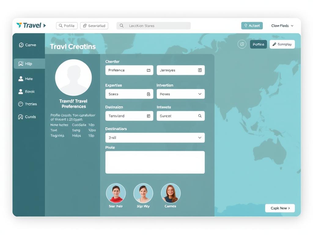 User interface of a travel networking platform showing profile creation