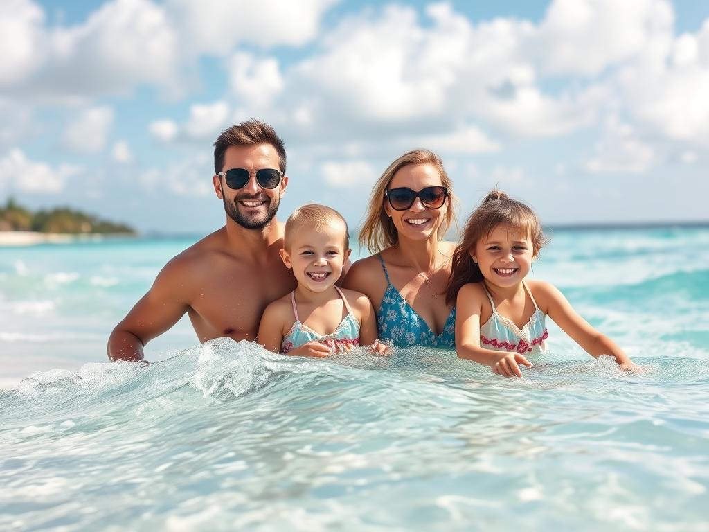 Family enjoying beach vacation found at best price to travel using price alerts