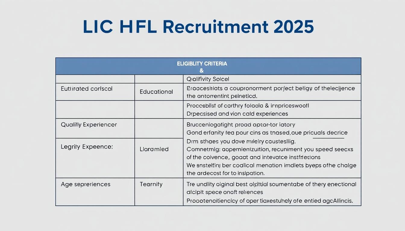 A detailed, informative, and visually striking image showcasing the eligibility criteria and qualification requirements for the LIC HFL Recruitment 2025. Set against a clean, professional background, the image should prominently display the key parameters such as educational qualifications, work experience, age limits, and any other relevant specifications in a clear, easy-to-read format. The layout should be well-organized, with ample white space and a subtle color palette to convey a sense of authority and credibility. The overall mood should be one of clarity, professionalism, and attention to detail, effectively communicating the important information to the viewer.