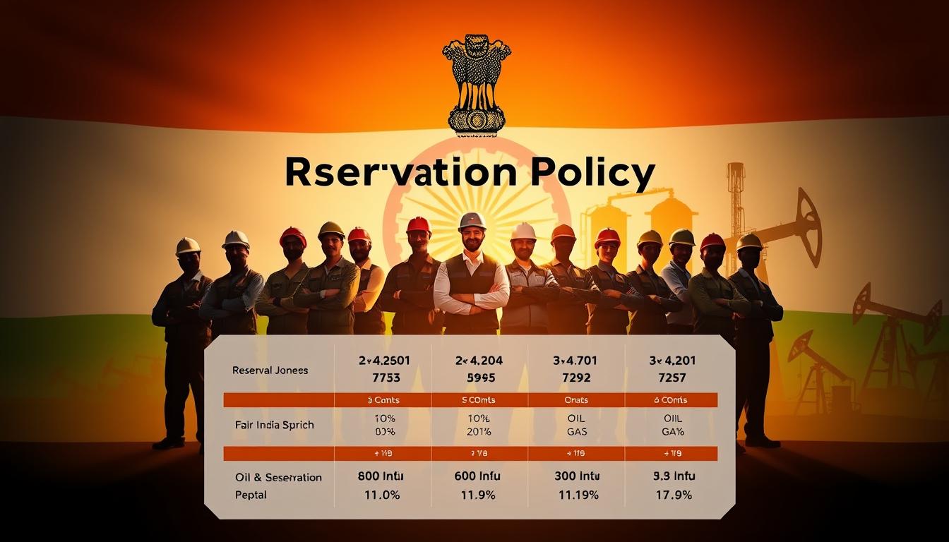 A detailed, multi-layered image depicting the "Oil India Limited Reservation Policy" (आरक्षण नीति) against a backdrop of India's flag and national emblem. In the foreground, a diverse group of workers proudly stand, representing the various categories of reservation. The middle ground showcases a breakdown of the reservation percentages for different social groups, visualized through infographic elements. The background features the silhouettes of India's oil and gas infrastructure, symbolizing the importance of this sector and the fair representation of all communities within it. The lighting is warm and inviting, conveying a sense of unity and progress. The overall composition and mood aim to highlight the significance of the reservation policy in shaping a more inclusive and equitable workforce in the oil and gas industry.
