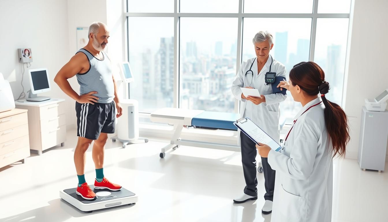 A high-resolution digital illustration of a medical fitness examination scene, taking place in a modern medical facility. In the foreground, a middle-aged person in athletic wear stands on a weighing scale, with a doctor in a white coat observing and recording the results on a clipboard. In the middle ground, a nurse in scrubs is measuring the person's blood pressure using a digital sphygmomanometer. The background features an examination table, medical equipment, and a large window overlooking an urban landscape. The lighting is bright and natural, creating a clean, professional atmosphere. The overall mood is one of a thorough, standardized medical assessment.