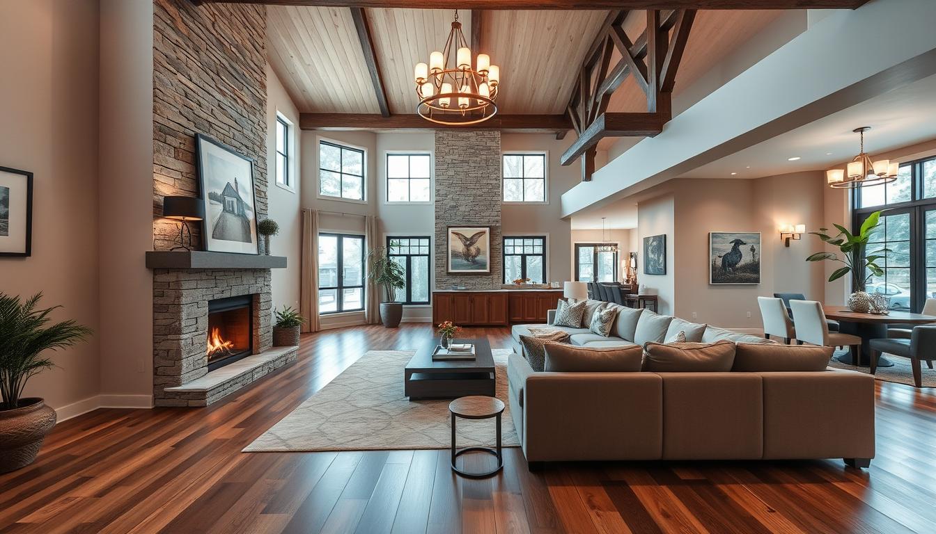 A spacious and inviting living room showcasing a harmonious blend of contemporary and rustic elements. Warm hardwood floors and a cozy fireplace create a welcoming ambiance, while a large, plush sectional sofa invites relaxation. Tasteful artwork and greenery accent the space, adding pops of color and natural texture. Soft, indirect lighting from sconces and a modern chandelier cast a gentle glow, highlighting the room's architectural details. The layout is open and airy, with ample natural light streaming in through large windows, allowing the design to shine. An overall sense of comfort and sophistication permeates the scene, inspiring a desire to linger and unwind.