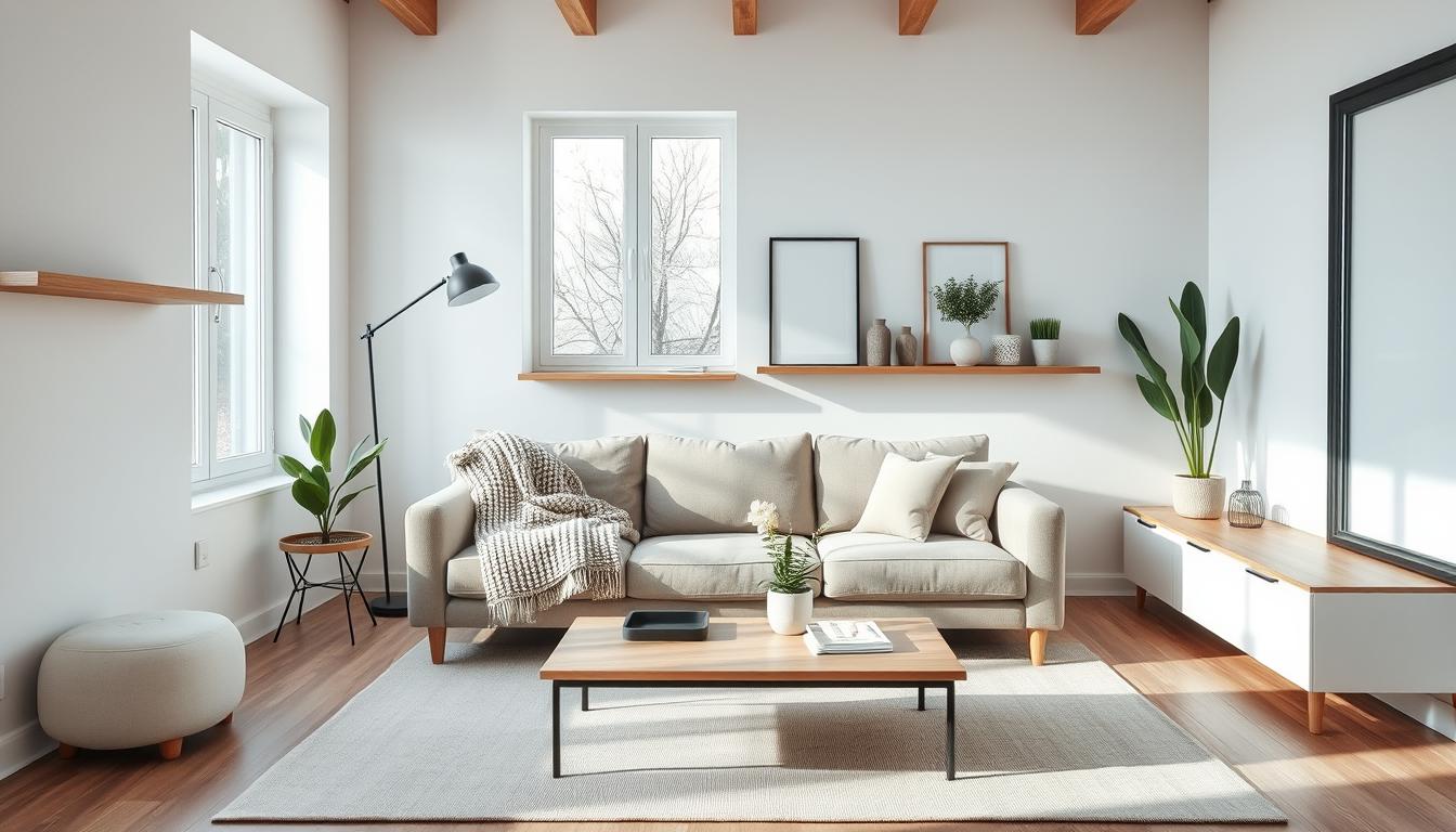 A cozy Scandinavian living room with a modern twist. Soft natural light filters through large windows, illuminating the clean-lined furniture and muted color palette. A plush, neutral-toned sofa takes center stage, accented by a textured wool throw and minimal decorative pillows. Sleek wooden shelves line the walls, displaying carefully curated decor pieces and potted plants. A low, rectangular coffee table stands atop a subtly patterned area rug, complementing the overall minimalist aesthetic. The space exudes a sense of warmth and simplicity, creating an inviting and comfortable atmosphere.