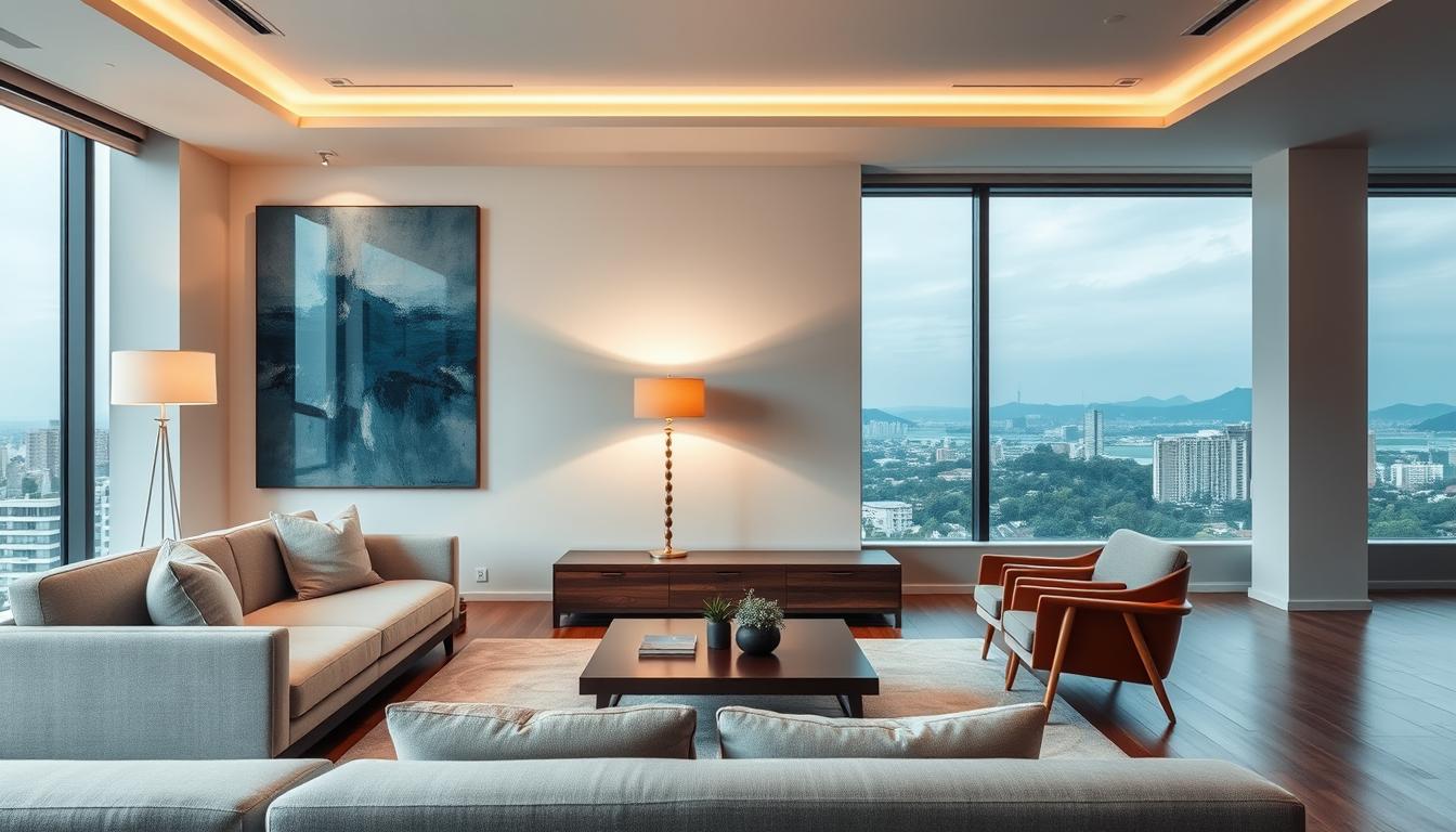A modern, elegant living room with clean lines and a minimalist aesthetic. In the foreground, a comfortable sofa in a neutral color, accented by plush throw pillows. On the wall, a large abstract painting in shades of blue and grey, providing a focal point. In the middle ground, a sleek, wooden coffee table with a glass top, surrounded by mid-century modern armchairs. The lighting is a mix of warm, indirect overhead lighting and a standing lamp with a soft, diffused glow. The background features a large window overlooking a scenic cityscape, allowing natural light to flood the space. The overall mood is one of sophistication and tranquility, reflecting the principles of successful living room design.