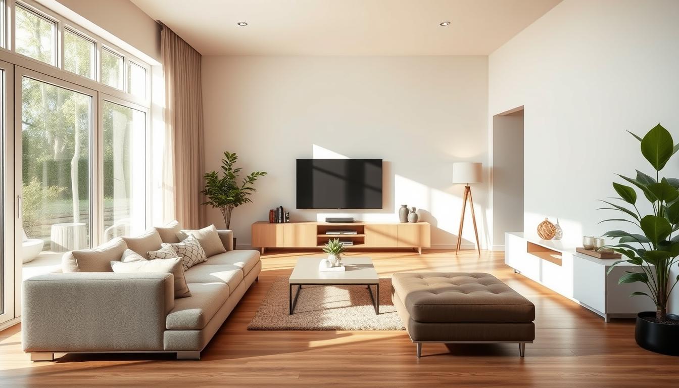 A cozy and inviting living room with a modern, minimalist design. The space is filled with natural light streaming in through large windows, illuminating the clean lines and neutral color palette. In the foreground, a plush, L-shaped sofa sits atop a sleek, wooden floor, with a low, square coffee table in the center. Against the far wall, a media unit displays a state-of-the-art television and decorative accents. To the side, a potted plant and a floor lamp create a warm, welcoming atmosphere. The room is designed with functionality and aesthetics in mind, showcasing the perfect balance of form and function.