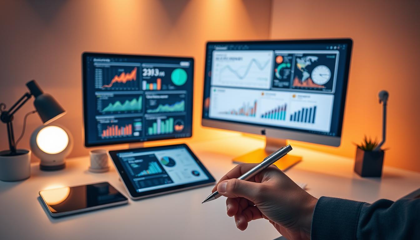 A sleek, modern workspace with a desktop computer, tablet, and various data visualization tools. Warm lighting illuminates a crisp, minimalist design. On the screen, interactive charts, graphs, and analytics dashboards reveal insights into online content performance metrics. In the foreground, a hand holds a pen, poised to take notes. The atmosphere exudes an air of focused, data-driven analysis.