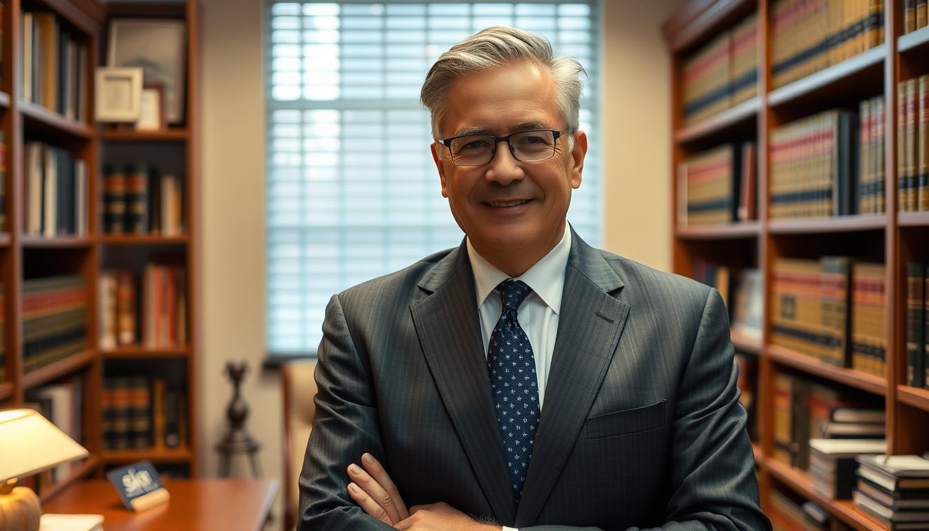 A seasoned personal injury lawyer from Beverly Hills, dressed in a sharp charcoal suit, stands confidently in their office. Warm lighting illuminates their face, revealing an expression of expertise and determination. Bookshelves line the walls, hinting at their extensive legal knowledge. On the desk, a nameplate reads &quot;skr travel and insurance deals&quot;, reflecting their specialization in personal injury cases. The scene conveys a sense of professionalism and experience, capturing the essence of an accomplished attorney ready to navigate the complexities of a personal injury claim.