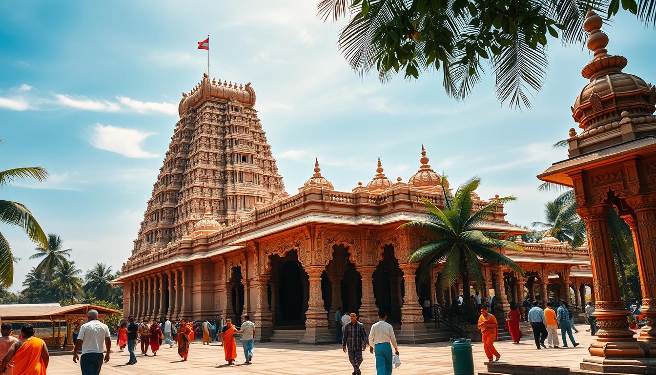 A grand South Indian temple with intricate carvings and towering gopurams stands majestically against a clear blue sky. In the foreground, devotees traverse the ornate pathways, their colorful robes and garlands adding vibrancy to the scene. The middle ground showcases the temple's ornate architecture, with ornamental pillars, archways, and detailed sculptures capturing the essence of South Indian temple design. In the background, lush tropical foliage frames the temple, creating a serene and picturesque setting. The image is bathed in warm, golden light, evoking a sense of spiritual and cultural significance.