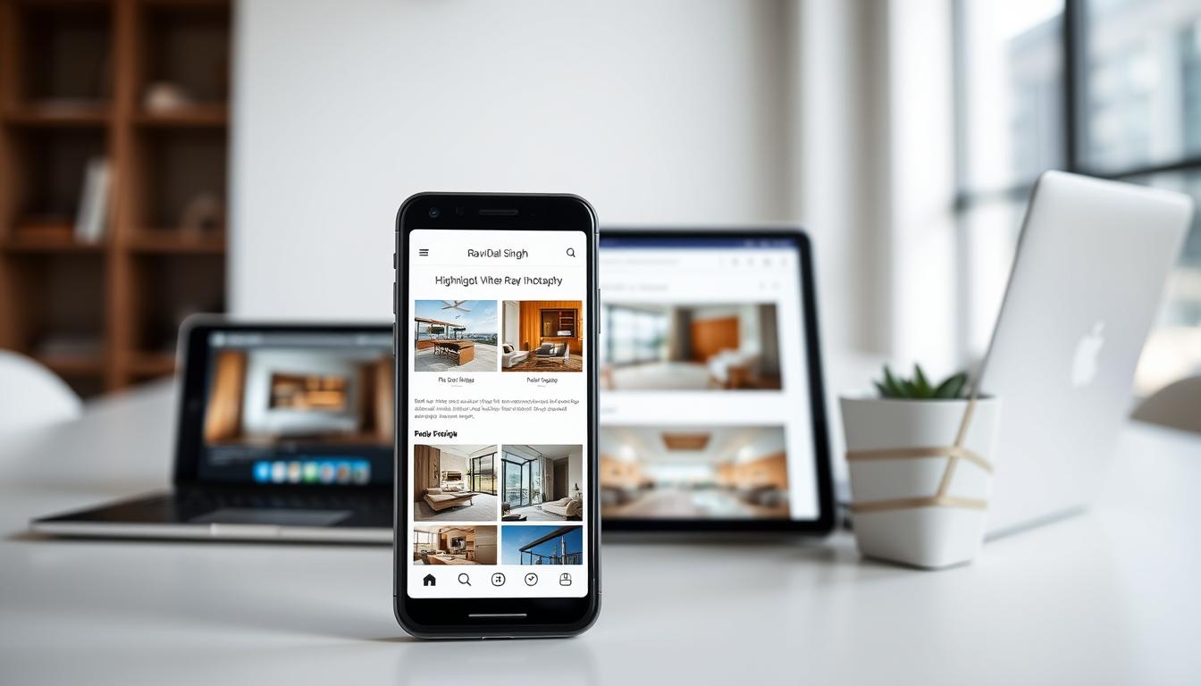 A mobile-friendly website with a clean, responsive design showcasing high-quality interior photography. In the foreground, a smartphone displaying a selection of vivid images captured by Ravi Dal Singh's lens. The middle ground features a tablet and laptop, seamlessly integrating the content. The background depicts a minimalist office setting with natural lighting, hinting at the versatility of the mobile-optimized experience. Subtle branding for Ravi Dal Singh subtly incorporated into the scene. The overall mood is one of modern, efficient, and visually captivating content delivery.