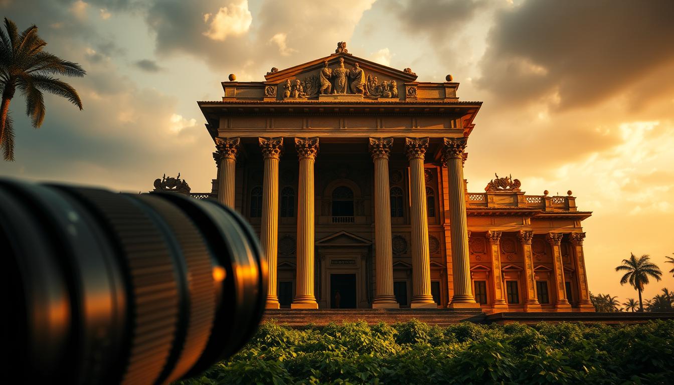 A majestic architectural modern office building, its grand facade bathed in warm, golden sunlight. Towering columns and intricate stone carvings adorn the front, casting dramatic shadows that play across the intricate details. In the foreground, a sleek, modern lens captures the scene with precision, highlighting the interplay of light and shadow. The middle ground reveals a lush, verdant landscape, framing the structure and adding depth to the composition. In the background, a moody, atmospheric sky lends a sense of grandeur and timelessness to the image. This is the work of Ravi Dal Singh, a true master of interior and architecture photography, who brings his keen eye and technical expertise to every shot.