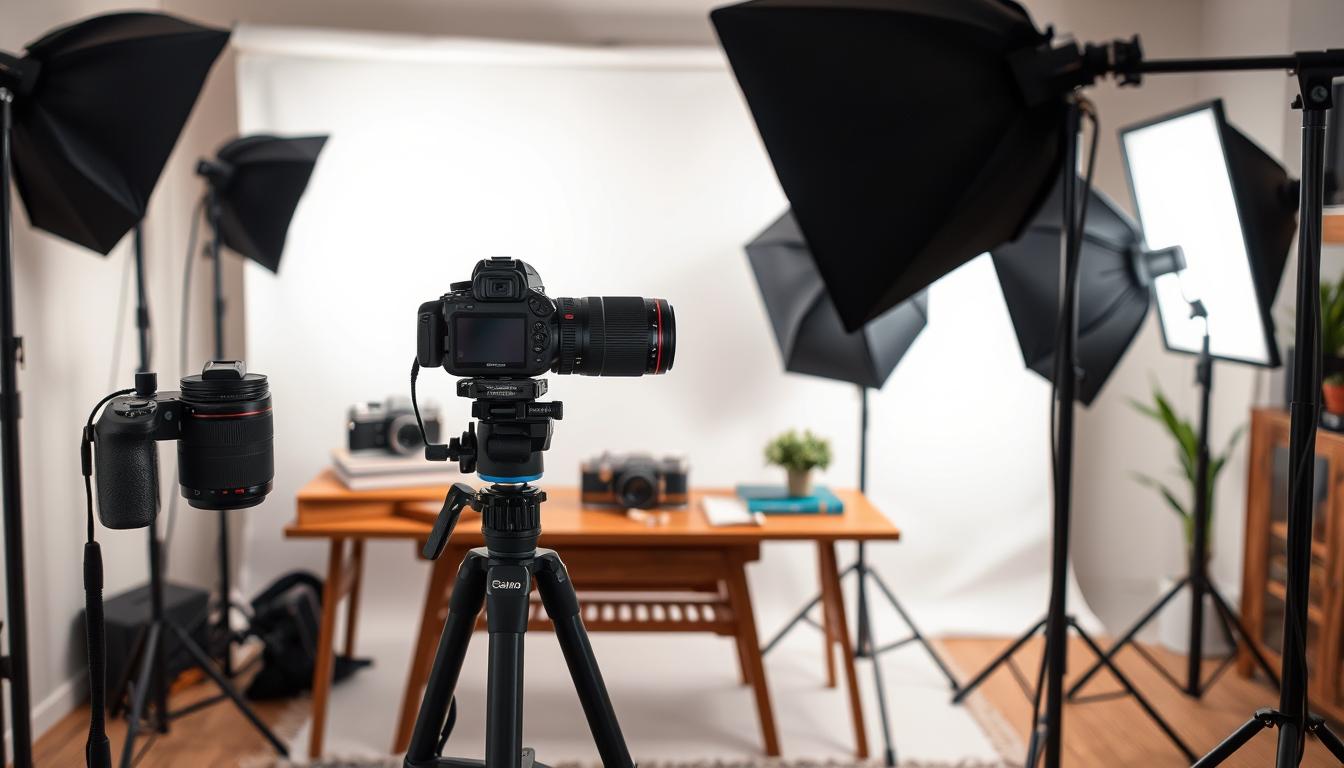 A cozy home studio setup with professional photography equipment. In the foreground, a high-end DSLR camera with a Ravi Dal Singh lens mounted on a sturdy tripod. Beside it, an assortment of lighting modifiers, including softboxes and reflectors, arranged for optimal illumination. In the middle ground, a stylish wooden table holds various props and accessories - a retro camera, a stack of photography books, and a potted plant. The background features a seamless white backdrop, ready to capture the perfect interior scene. The overall atmosphere exudes a sense of focused preparation, with every element carefully considered for the upcoming photography shoot.