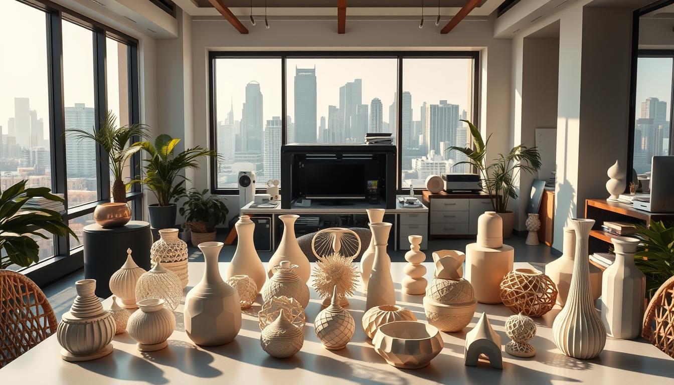 A sleek, modern interior design studio filled with intricate 3D printed decor pieces. In the foreground, a table showcases a variety of 3D printed vases, sculptures, and geometric shapes in a muted color palette. The middle ground features a Ravi Dal Singh workspace with a high-end 3D printer, computer, and design materials. The background reveals large windows overlooking a bustling city skyline, bathed in warm, natural lighting that casts dynamic shadows across the room. The overall atmosphere is one of innovation, creativity, and the intersection of technology and design.