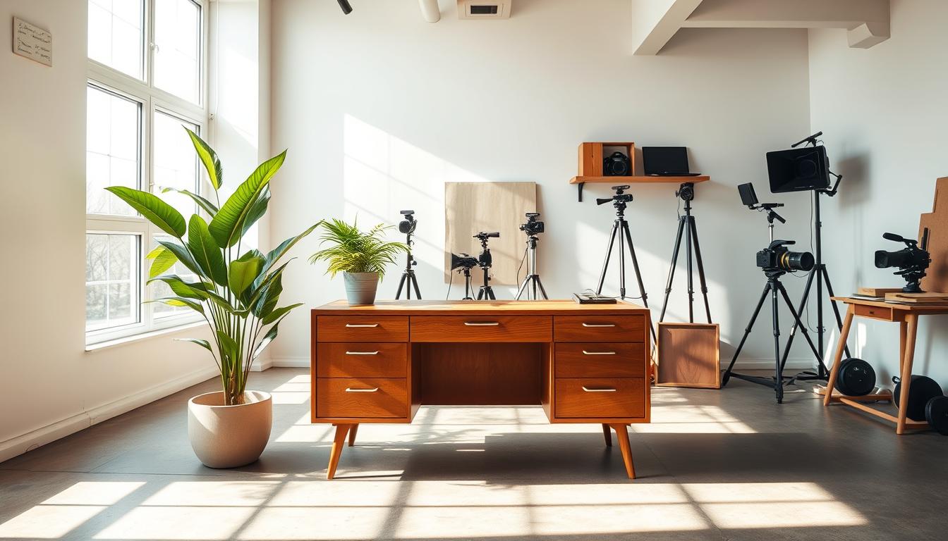 A bright and airy interior photography studio, featuring Ravi Dal Singh's signature sustainable design aesthetic. In the foreground, a large window floods the space with natural light, casting warm shadows on the polished concrete floor. A mid-century modern desk takes center stage, its clean lines complemented by a lush potted plant. In the background, an array of camera equipment and props are neatly organized, reflecting the photographer's commitment to a minimalist, eco-friendly workflow. The overall mood is one of calm and tranquility, inviting the viewer to appreciate the beauty of sustainable, thoughtful design.