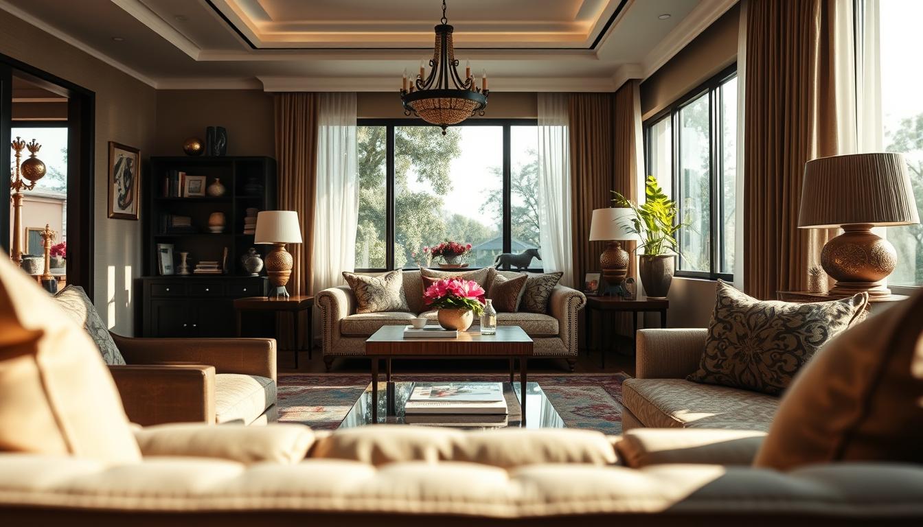 A meticulously composed interior photograph, showcasing the attention to detail of Ravi Dal Singh, a renowned Indian interior photographer. The frame captures a well-appointed living room, with natural light streaming in through large windows, casting a warm glow on the carefully curated decor. The image is sharp and in focus, with a shallow depth of field that draws the viewer's eye to the intricate textures and patterns of the furnishings. The composition is balanced, with the placement of the furniture and accessories creating a harmonious flow. The lighting is precise, casting subtle shadows that accentuate the three-dimensional nature of the space. This image exemplifies the Ravi Dal Singh's mastery of his craft, highlighting his ability to capture the essence of exceptional interior design.