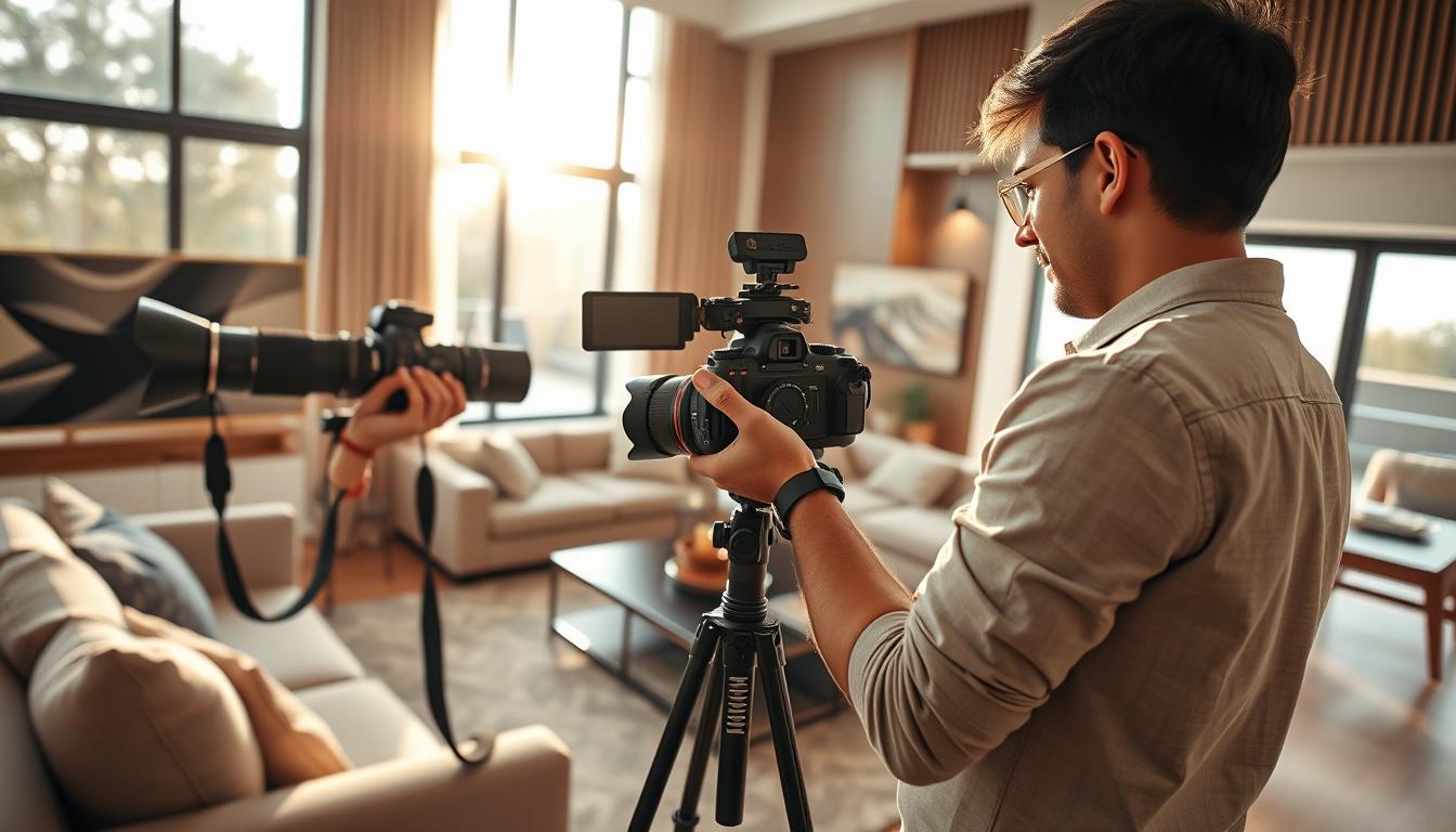 A professional interior designer and a photographer collaborating on a photoshoot, using a high-end DSLR camera with a wide-angle lens. The designer, Ravi Dal Singh, is carefully arranging the furniture and decor in a stylish modern living room, while the photographer is adjusting the lighting, capturing the space from multiple angles to showcase the best angles. The atmosphere is calm and focused, with natural light streaming in through large windows, creating a soft, inviting ambiance. The final image will highlight the synergy between the designer's vision and the photographer's technical expertise, showcasing the beauty of the interior space.