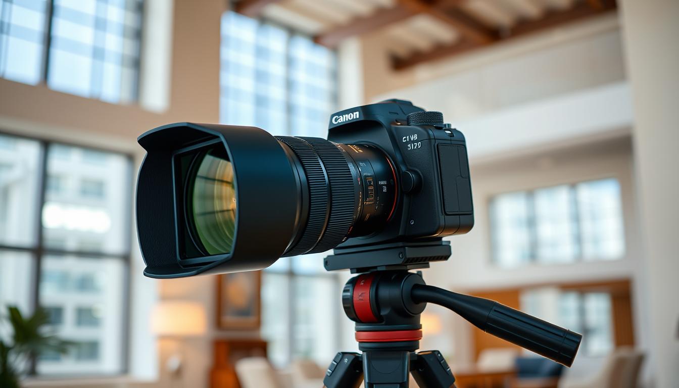 A high-quality camera for architectural photography, situated on a sturdy tripod in a well-lit interior setting. The camera has a wide-angle lens that captures the room's grand scale and intricate details, with a shallow depth of field that blurs the background and draws the viewer's attention to the foreground. Soft, even lighting from large windows illuminates the scene, creating a warm, inviting atmosphere. The camera's sleek, professional design suggests its advanced capabilities, making it the perfect tool for capturing the beauty and elegance of interior spaces.