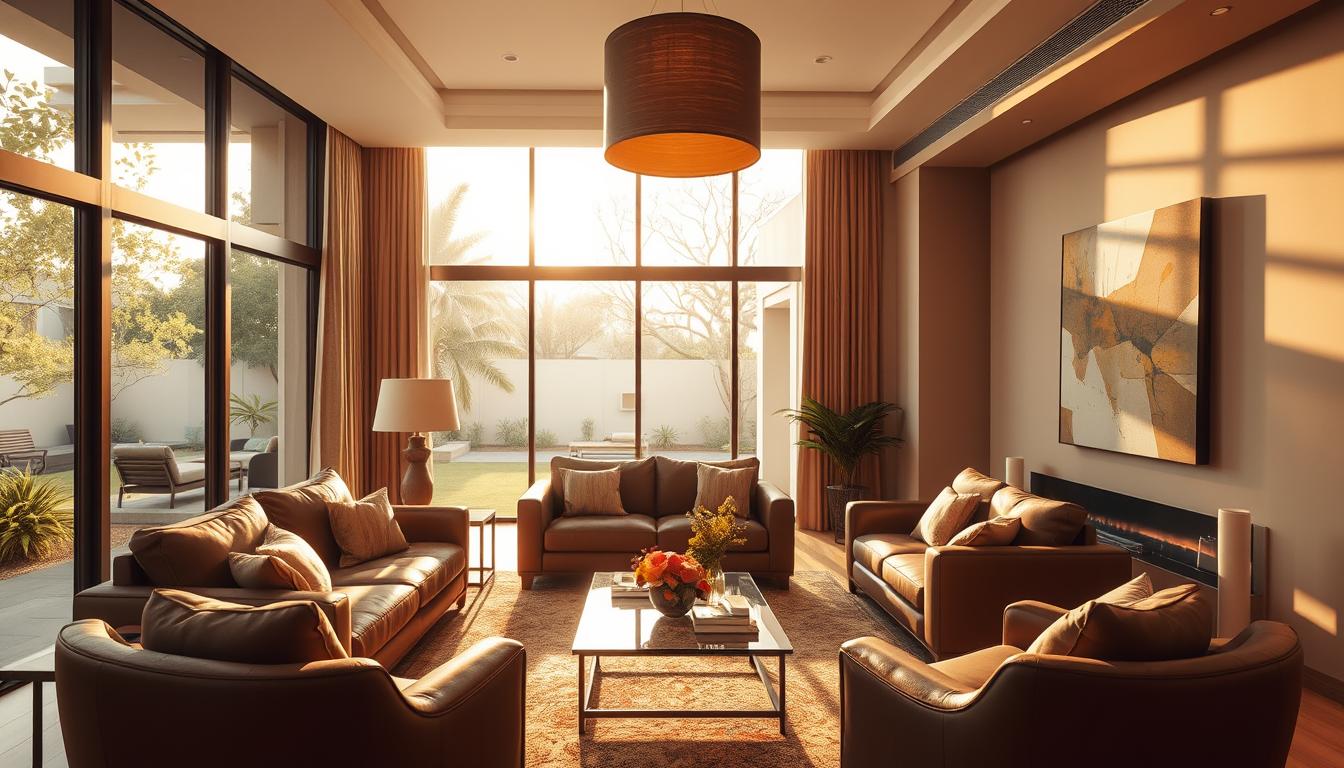 Interior photography of a luxurious living room, captured by Ravi Dal Singh. The room is filled with warm, natural light, streaming in through large windows overlooking a serene garden. Plush, earth-toned furniture, including a deep leather sofa and armchairs, creates a cozy and inviting atmosphere. Carefully curated decor, such as a statement pendant light and a large, abstract artwork, add visual interest and character to the space. The camera's lens is positioned to highlight the seamless integration of the indoor and outdoor environments, emphasizing the importance of professional interior photography in design.