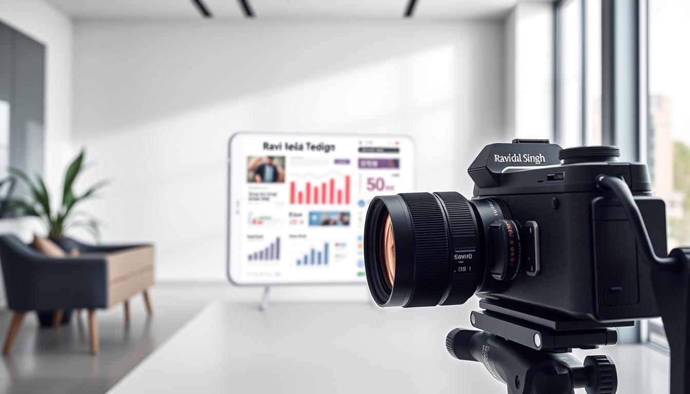 A modern, stylish digital marketing concept. A professional photographer's camera and lenses in the foreground, capturing a dynamic social media feed displayed on a sleek smartphone or tablet. In the middle ground, a stylized infographic or data visualization illustrating key social media marketing metrics and trends. The background depicts a chic, minimalist office or studio setting, with clean lines, neutral tones, and diffused natural lighting creating a sophisticated, aspirational atmosphere. The overall scene conveys how professional photography can elevate a business's digital presence and marketing strategy.