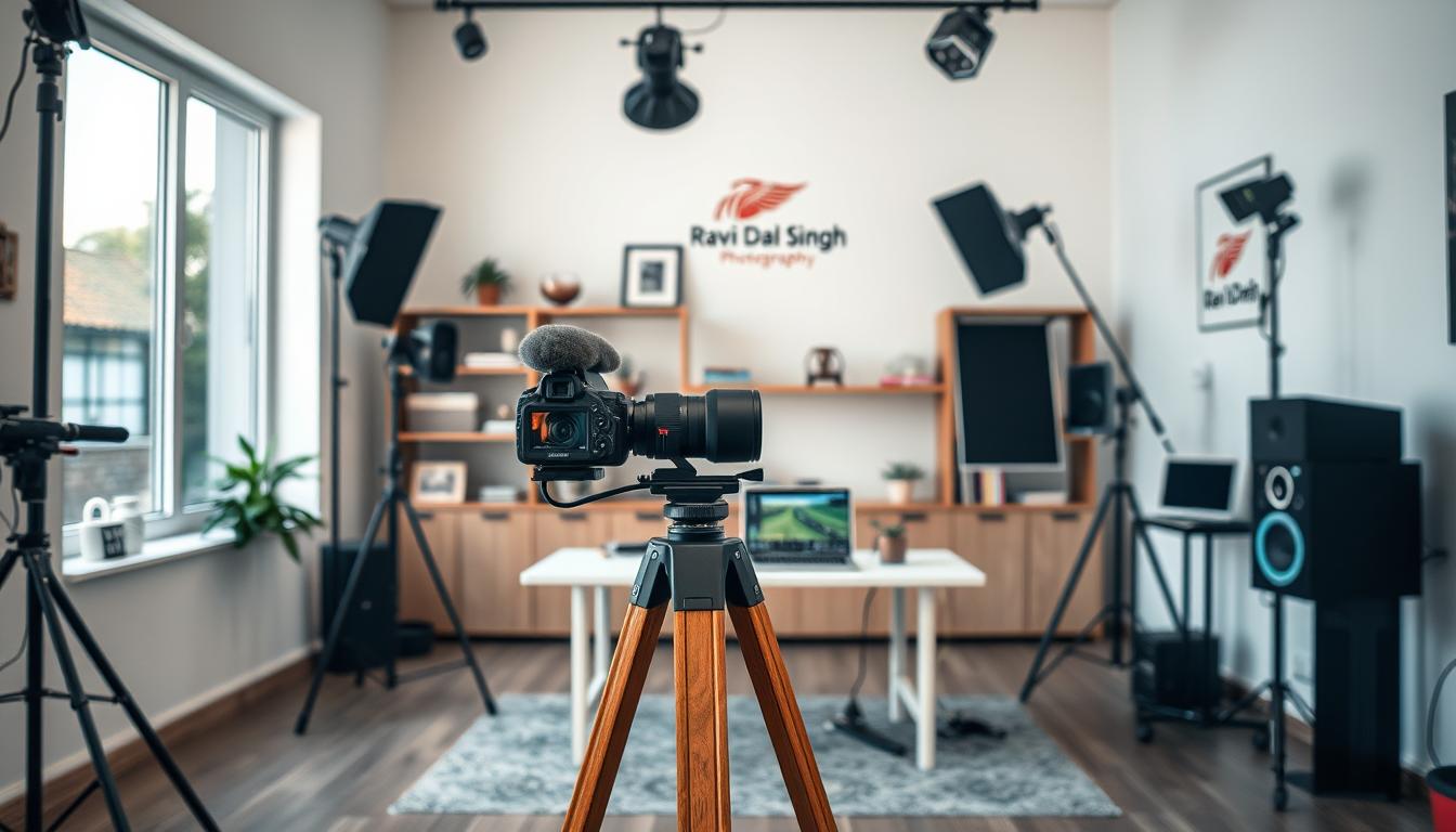 Interior photography studio with a large window, natural lighting, and various camera and lighting equipment. A wooden tripod stands in the foreground, with a DSLR camera and lens. In the middle ground, there is a table with a laptop and editing software. The background features shelves with books, decorative items, and a branded "Ravi Dal Singh" logo on the wall. The overall atmosphere is professional, clean, and focused on the art of interior photography.
