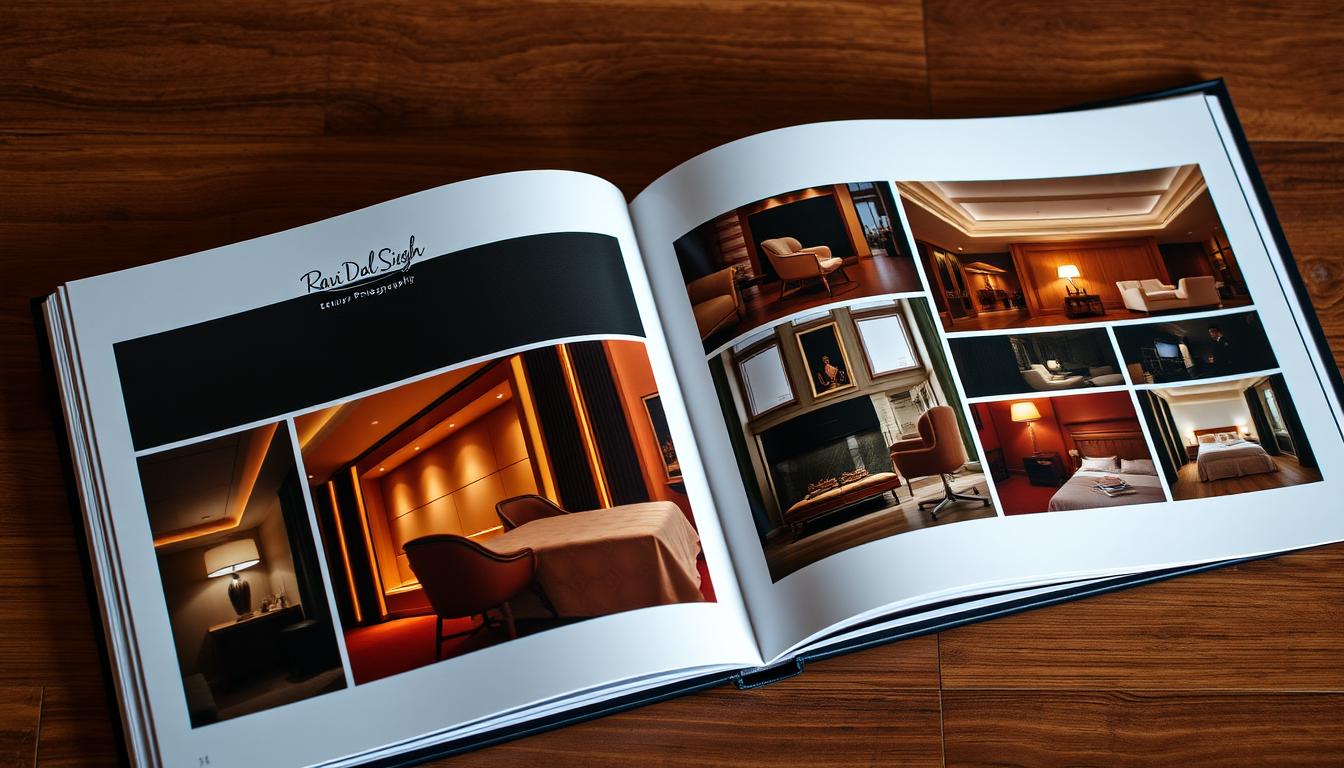 A professional photographer's portfolio showcasing a range of expertly captured interior images. Neatly organized pages display well-composed shots highlighting elegant furniture, warm lighting, and detailed architectural elements. The Ravi Dal Singh brand signature adorns the cover, conveying a sense of quality and expertise. Subtle bokeh effects and natural framing create a visually captivating layout, inviting the viewer to explore the photographer's technical mastery and artistic vision. Soft, ambient lighting sets a refined, serene mood, while strategic camera angles and lenses emphasize the subject's beauty and scale. This portfolio serves as a testament to the photographer's ability to elevate the ordinary into the extraordinary, making it the perfect companion for an article on choosing the best interior photographer.