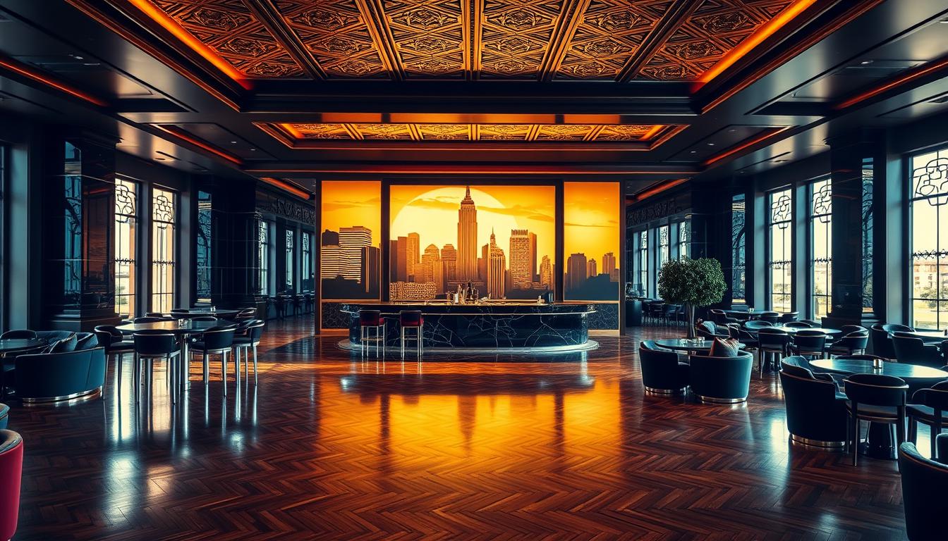 A grand Art Deco-inspired interior, bathed in warm, golden light filtering through tall windows. The focal point is a sleek, geometric bar counter crafted from polished chrome and glossy black marble, framed by a stepped, angular ceiling with intricate bas-relief patterns. Plush, jewel-toned velvet furniture sits atop a gleaming parquet floor, while a wall-spanning mural depicts a stylized, Art Deco-esque cityscape. Ravi Dal Singh's bold, modern vision for this luxurious, timelessly elegant space.