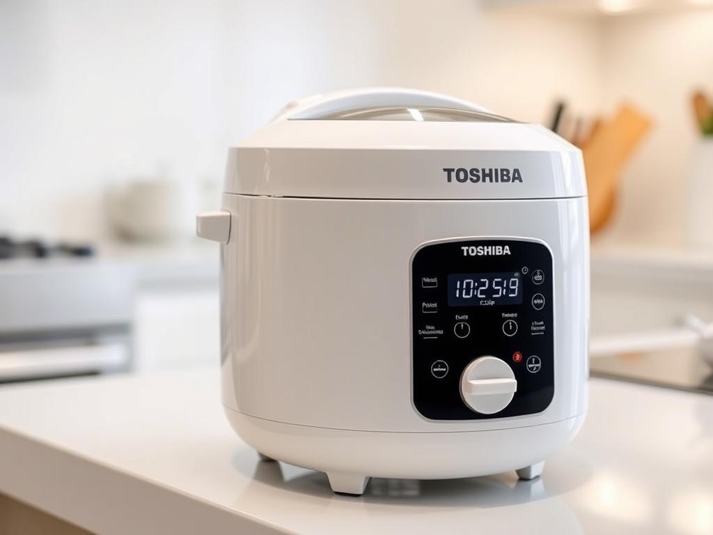 Toshiba Mini Rice Cooker in white with sleek design and digital display panel