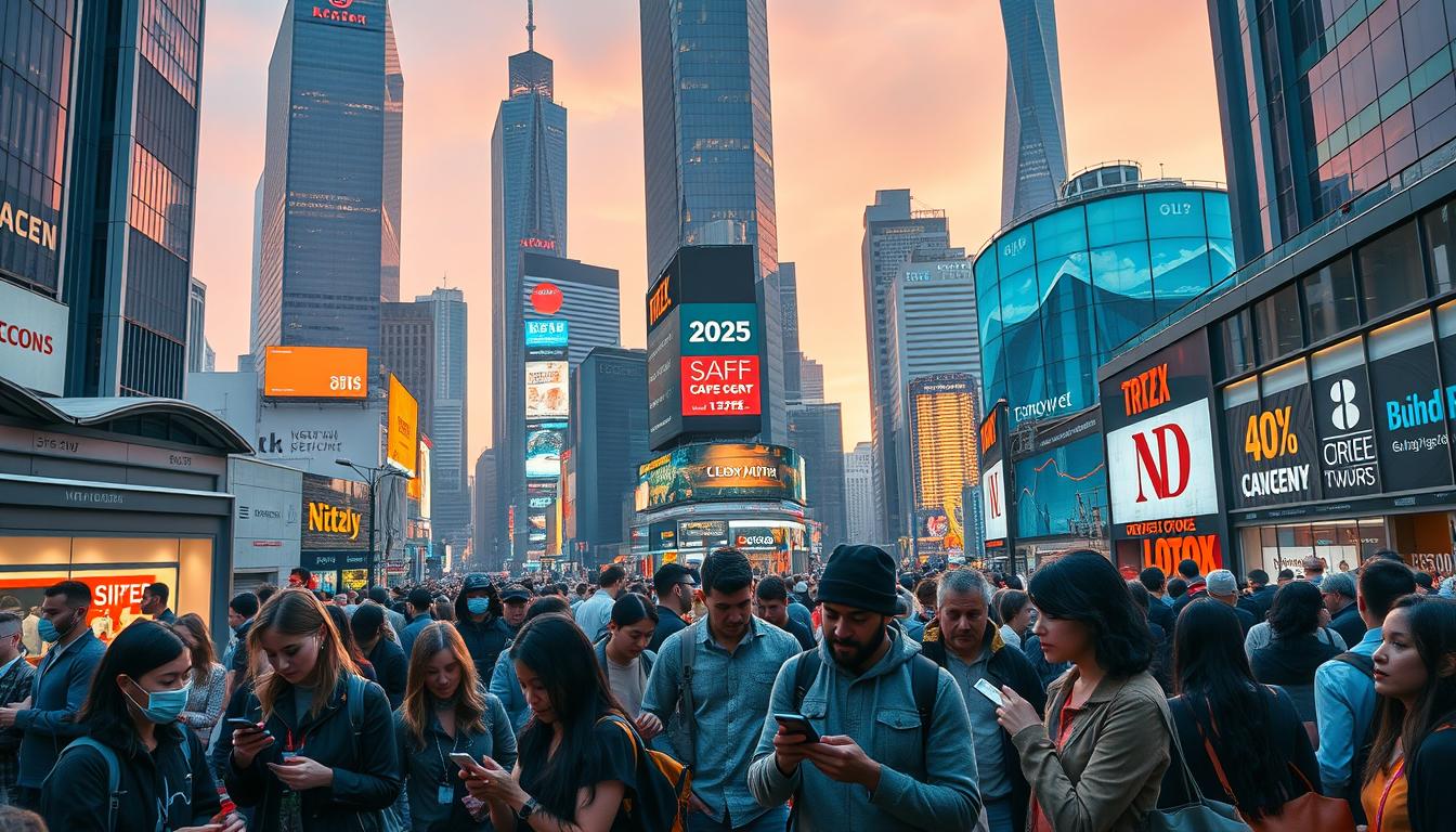 A busy cityscape in the year 2025, with towering skyscrapers and bustling streets. In the foreground, a diverse group of people are gathered around their smartphones, intently examining digital coupons and discount codes. The mid-ground features a mix of traditional storefronts and sleek, modern e-commerce hubs, showcasing the seamless integration of online and offline shopping experiences. The background is illuminated by a warm, futuristic glow, hinting at the advanced technology powering the ubiquitous digital coupon ecosystem. The overall atmosphere conveys a sense of convenience, efficiency, and the enduring appeal of finding great deals, even in a rapidly evolving retail landscape.