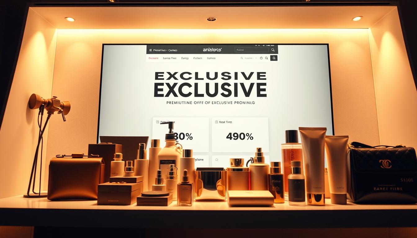 A captivating online shopping scene with a focus on exclusive promotions. In the foreground, an array of premium products are showcased against a sleek, minimalist backdrop, bathed in warm, soft lighting that creates an inviting atmosphere. The middle ground features a stylized website interface with bold, typographic design elements hinting at limited-time offers and special discounts. In the background, a subtle pattern or texture adds depth and visual interest, while a color palette of muted tones and metallic accents conveys a sense of luxury and sophistication. The overall composition should strike a balance between showcasing the exclusive nature of the promotions and the elegant, high-end aesthetic of the online retail experience.